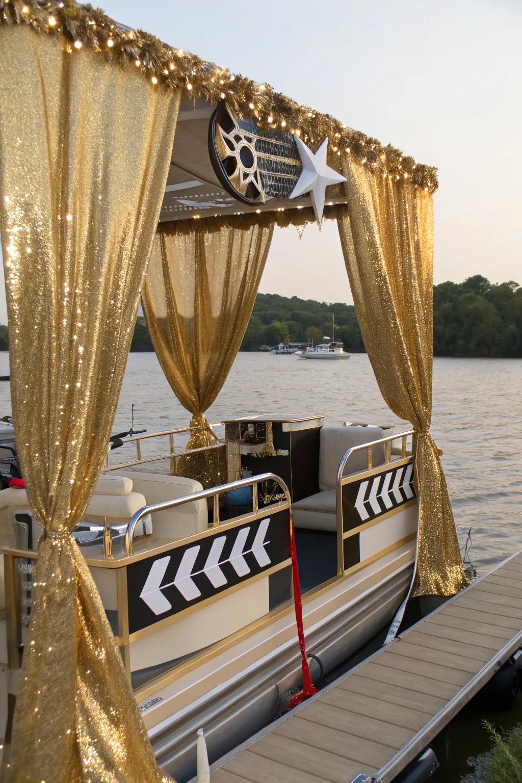 A pontoon boat designed with a Hollywood theme, sparkling with glamour and glitter.