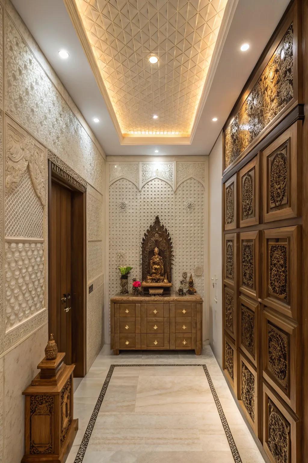 Textured walls provide a unique visual and tactile experience in this pooja room.