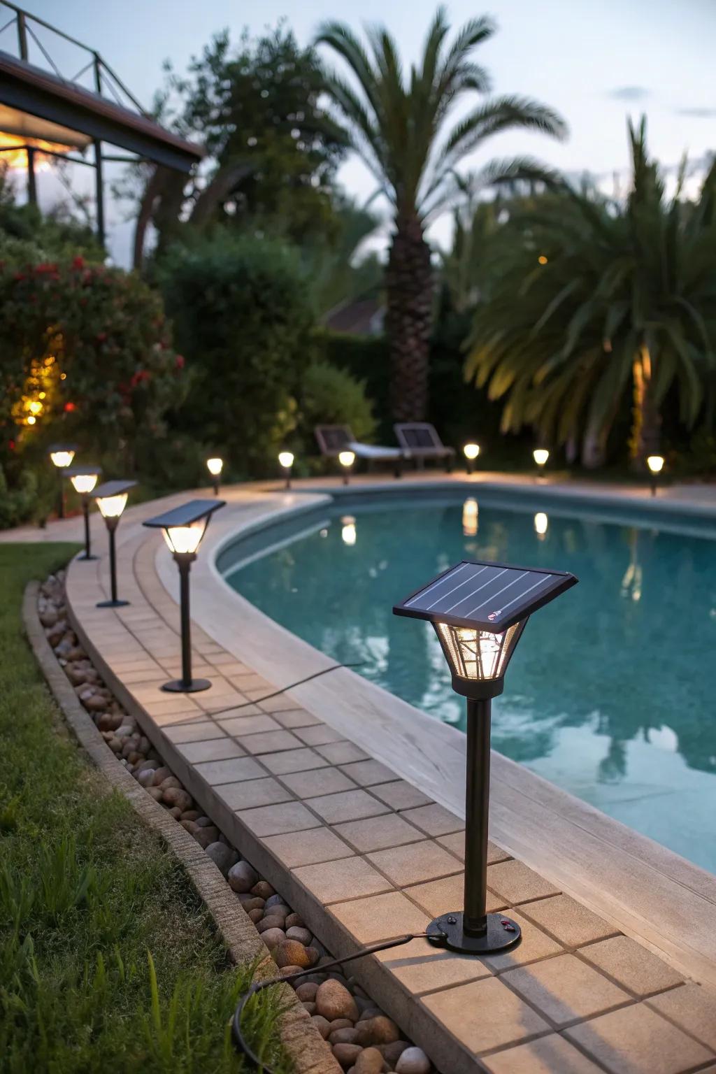 Solar lights provide a sustainable choice for lighting the poolside.