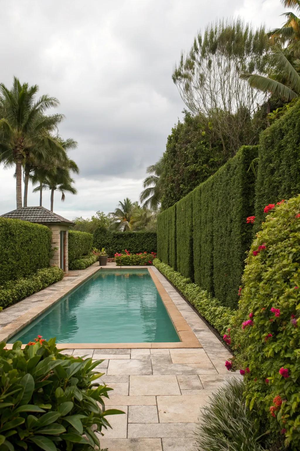 Elevate privacy with lush bushes encircling your pool.