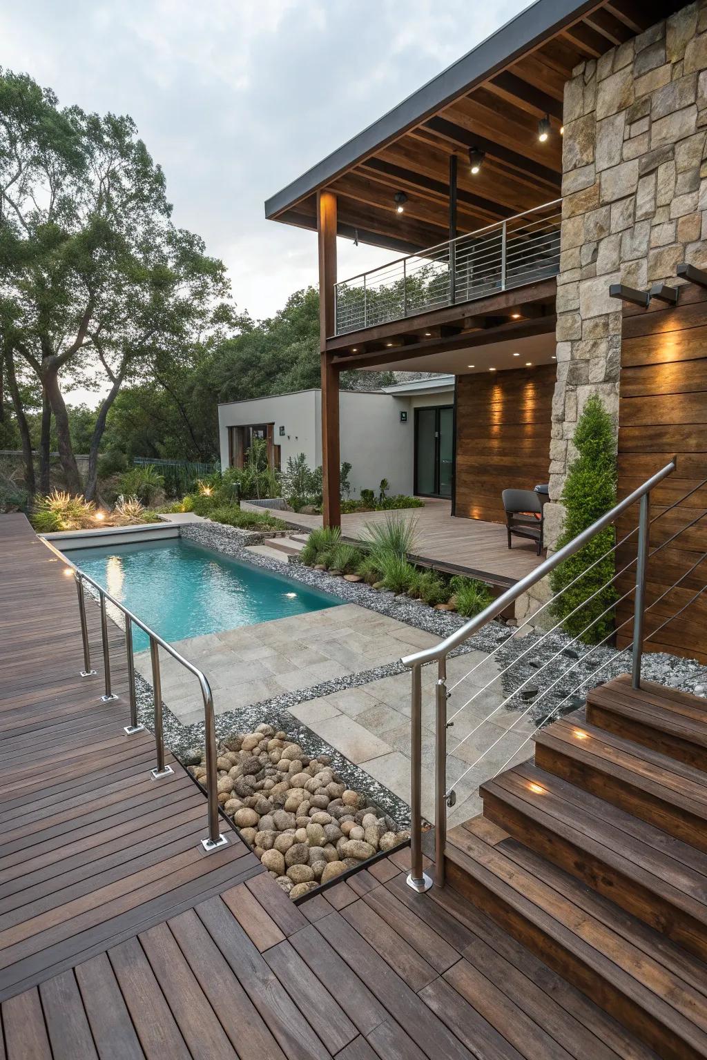 A mix of textures adds depth and interest to your poolside landscape.