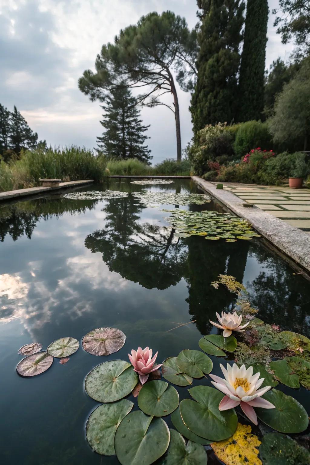 A pool pond showcasing beautiful drifting blooms.