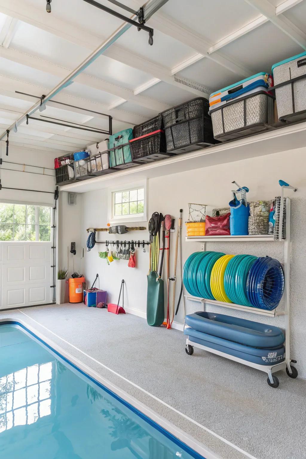 Overhead storage in the garage provides maximum space efficiency.