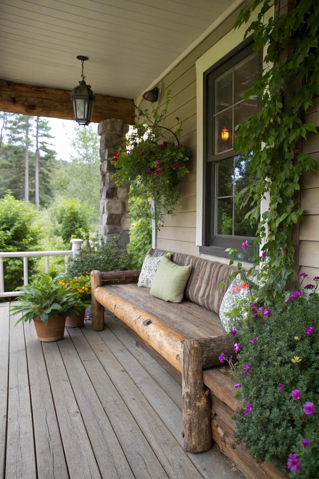 A log bench injects natural character to the porch.
