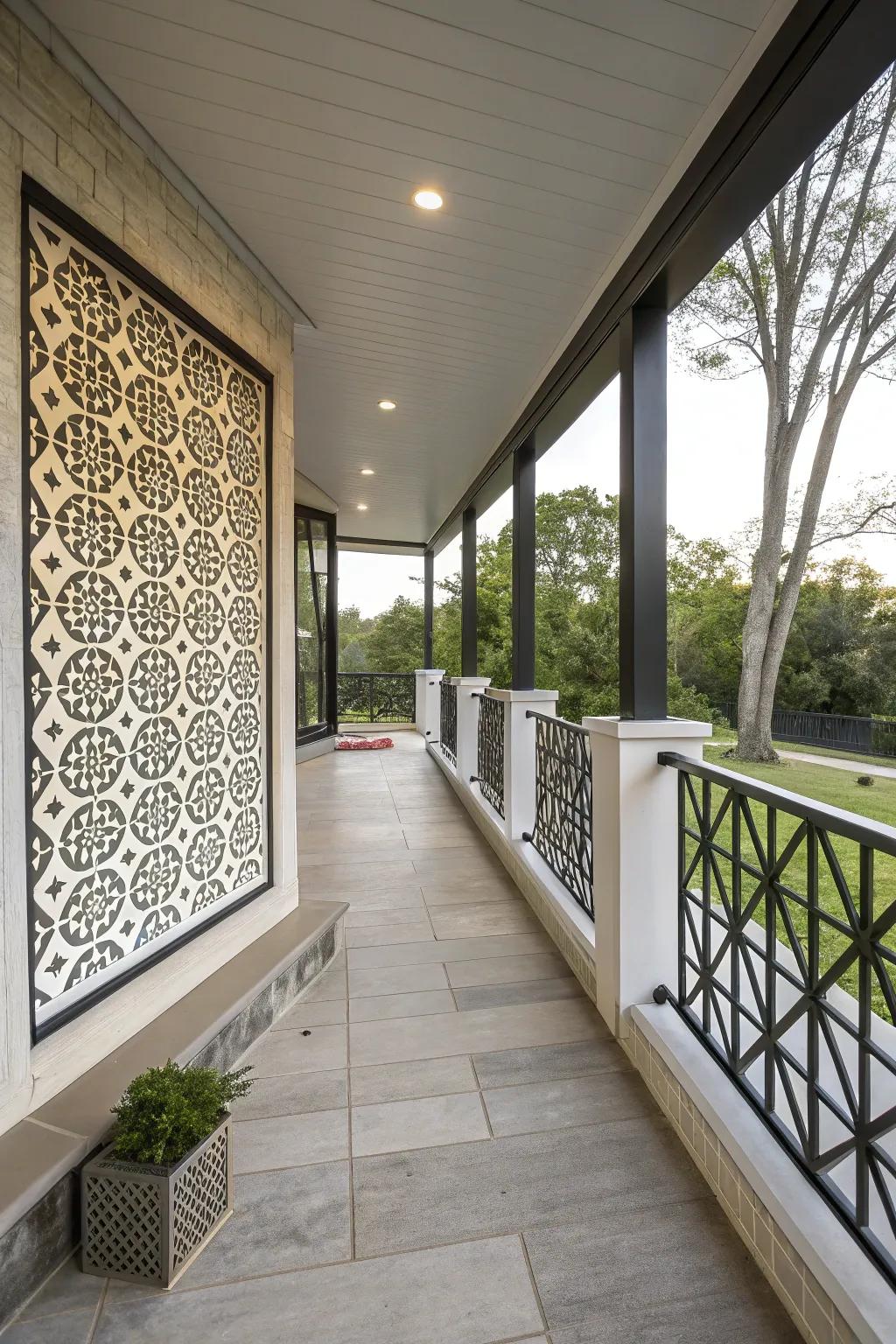 A contemporary porch featuring a geometric-patterned knee wall.