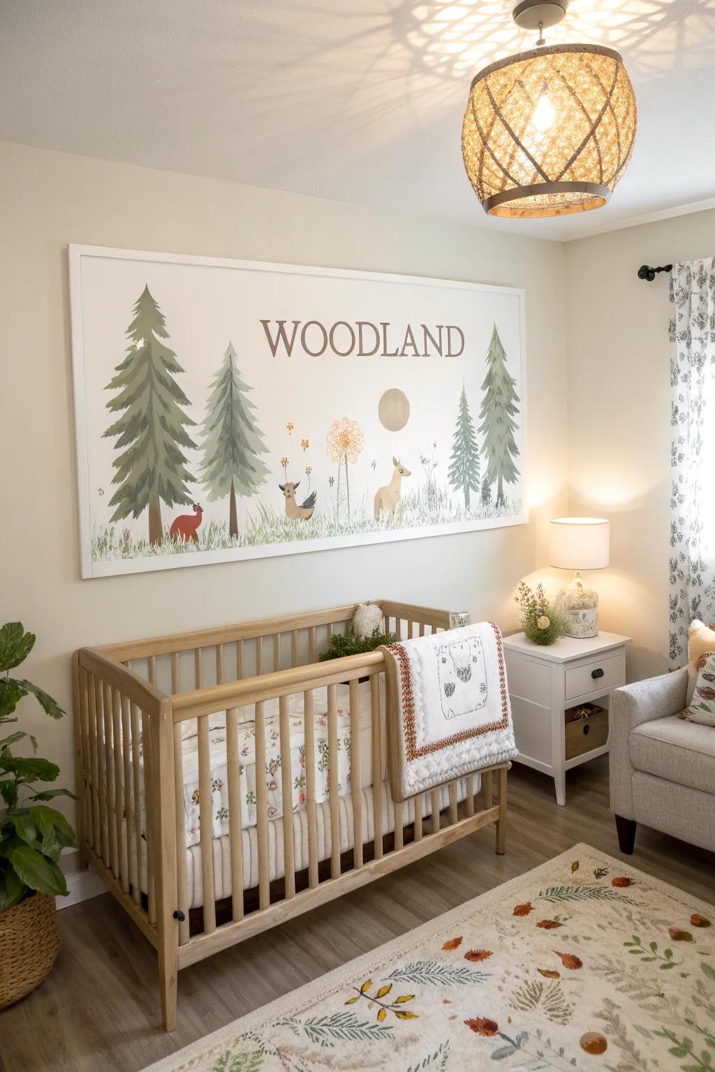 A woodland name poster conjuring a calming, serene nursery environment.