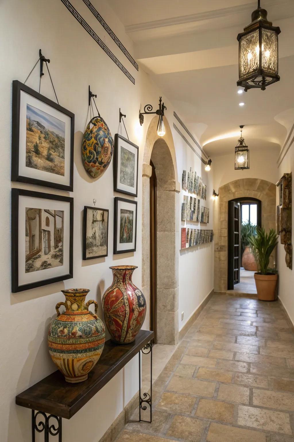 A pottery gallery wall in the entryway.