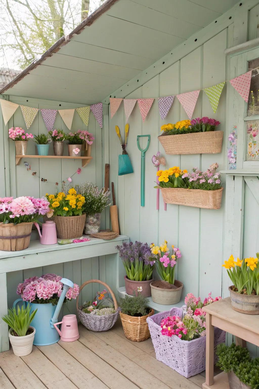 A potting shed featuring seasonal decor adjustments.