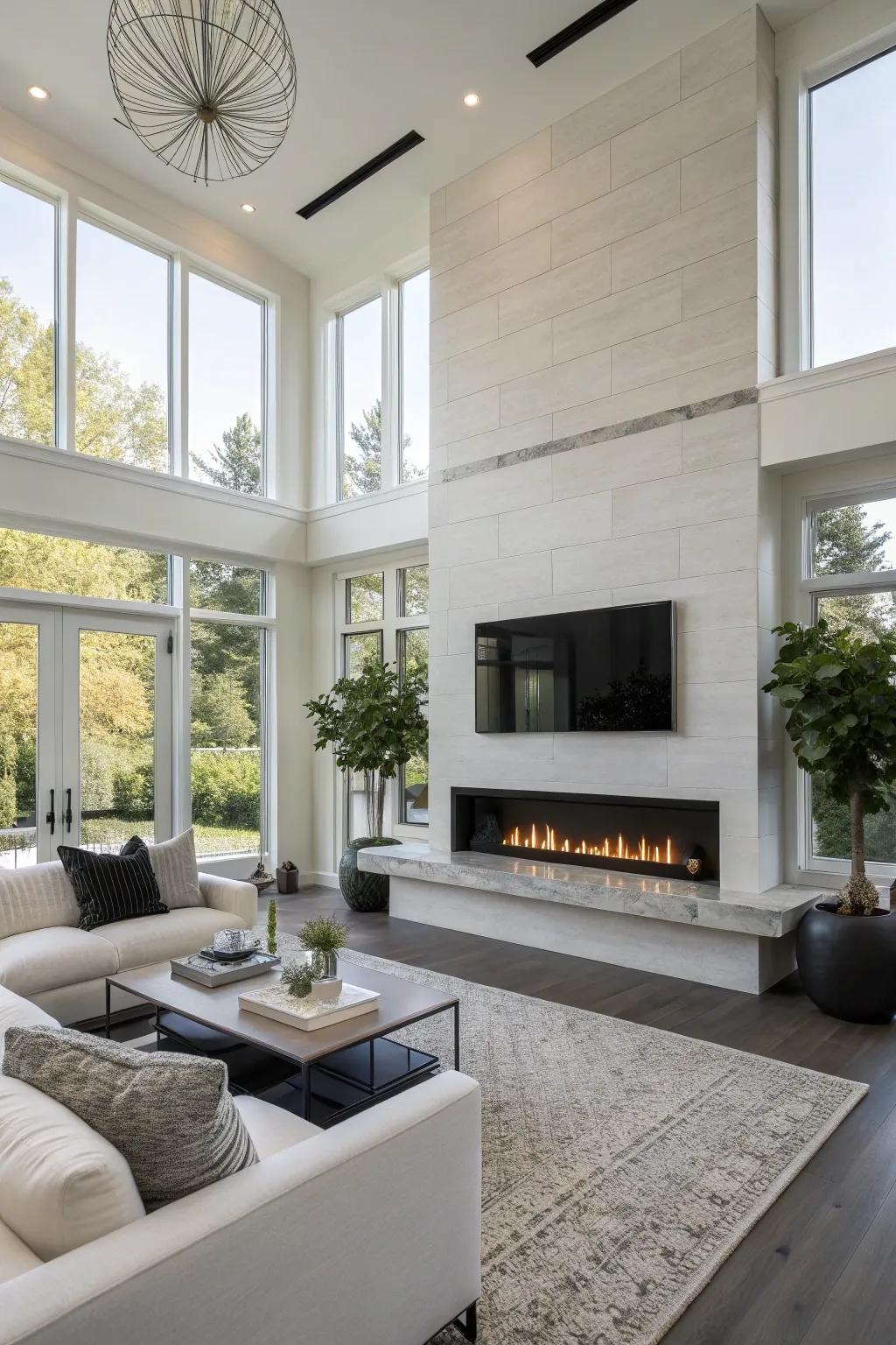 A contemporary living area featuring a linear propane fireplace.