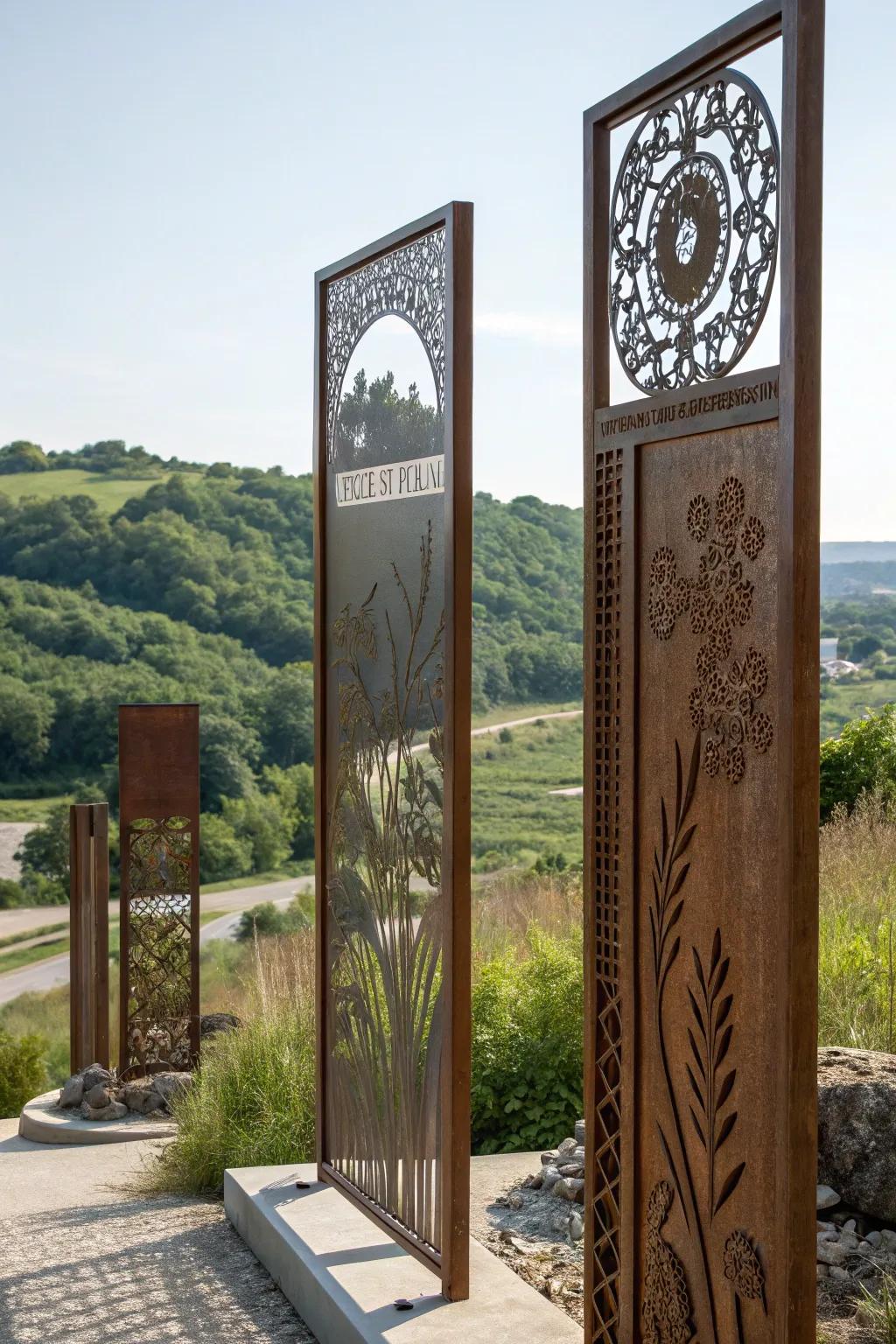 Intricately patterned metallic panels fashioning an artistic property border.