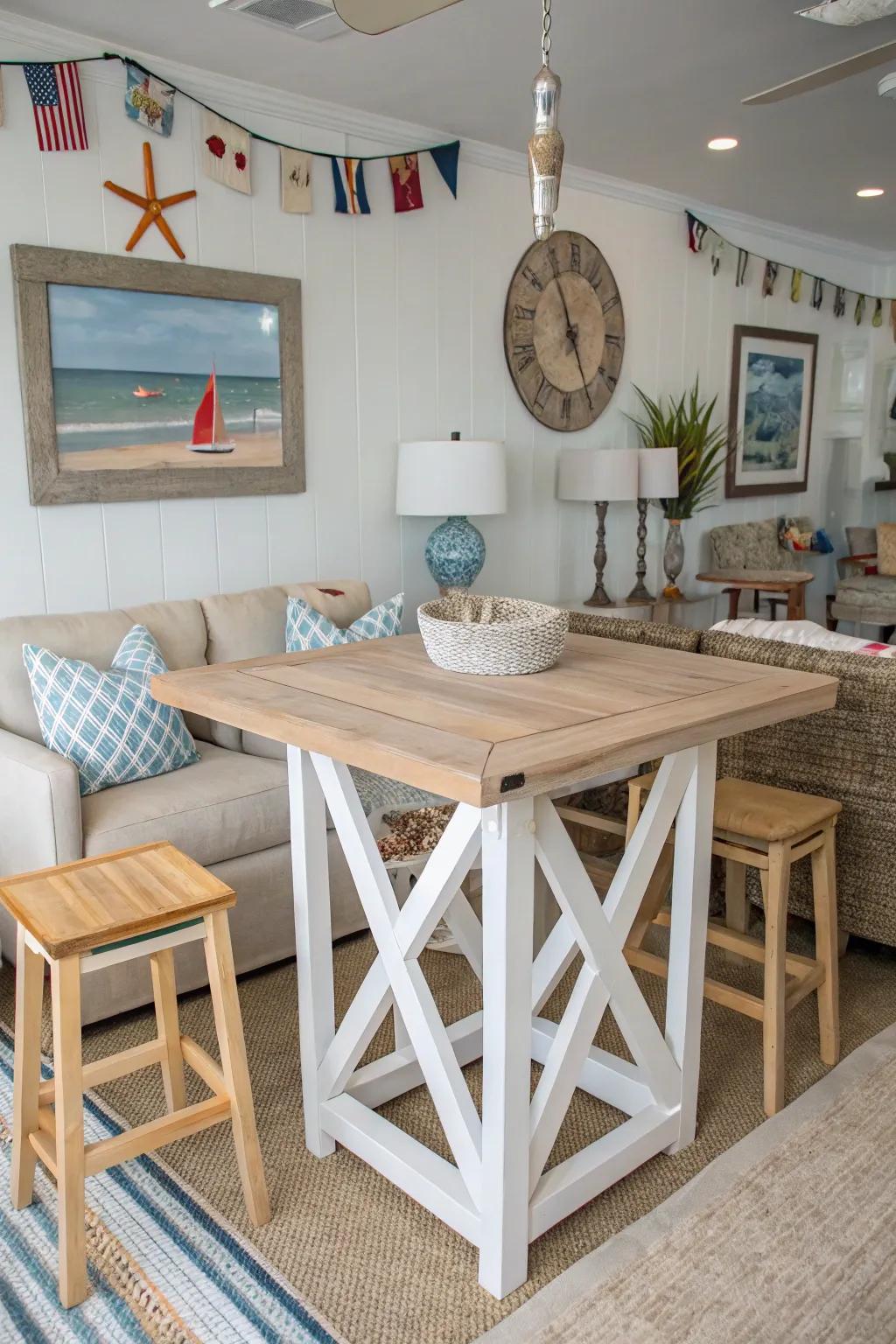 Craft a seaside escape with coastal pub tables.