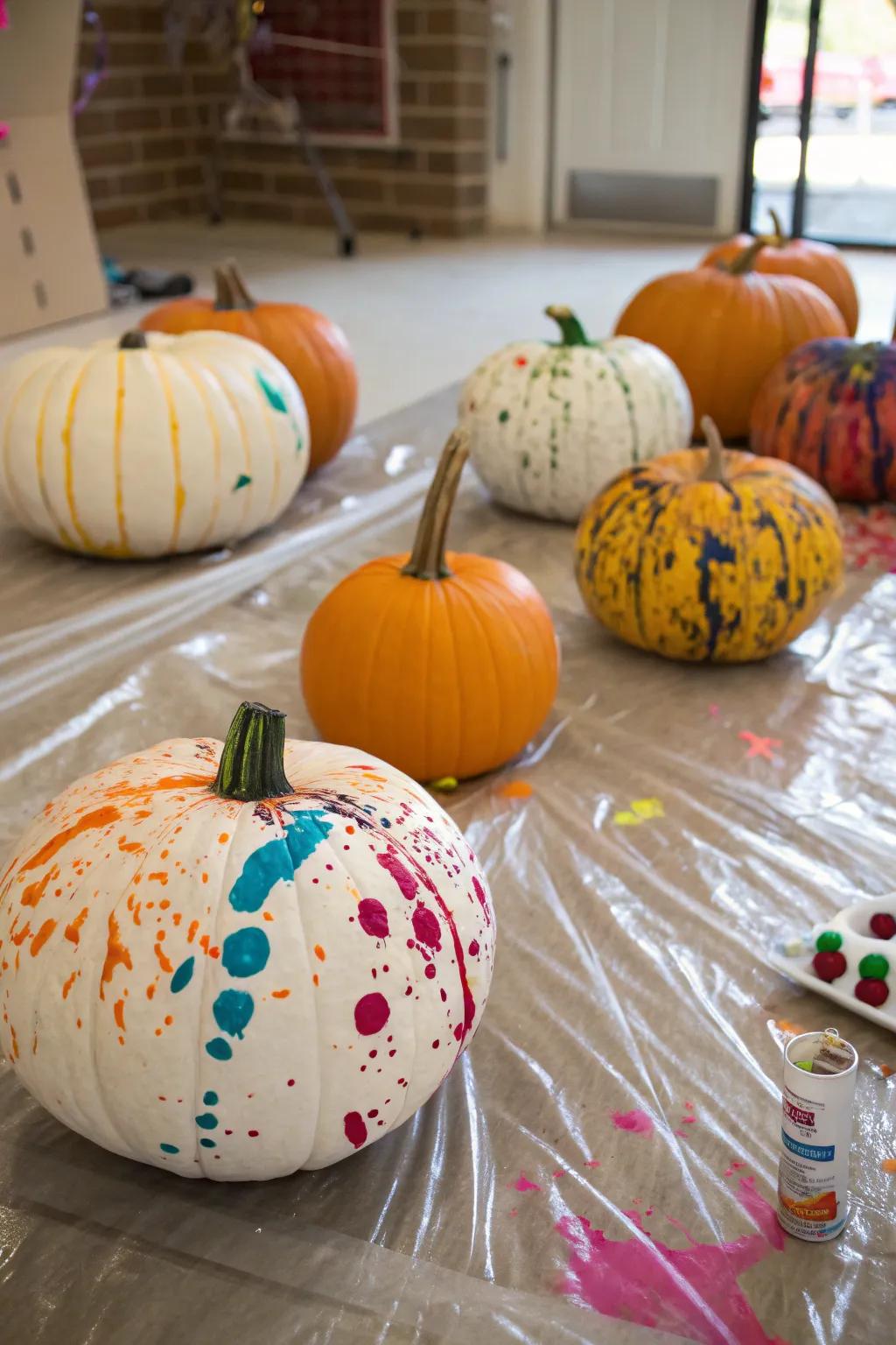 Pumpkins bursting with color from splatter painting.
