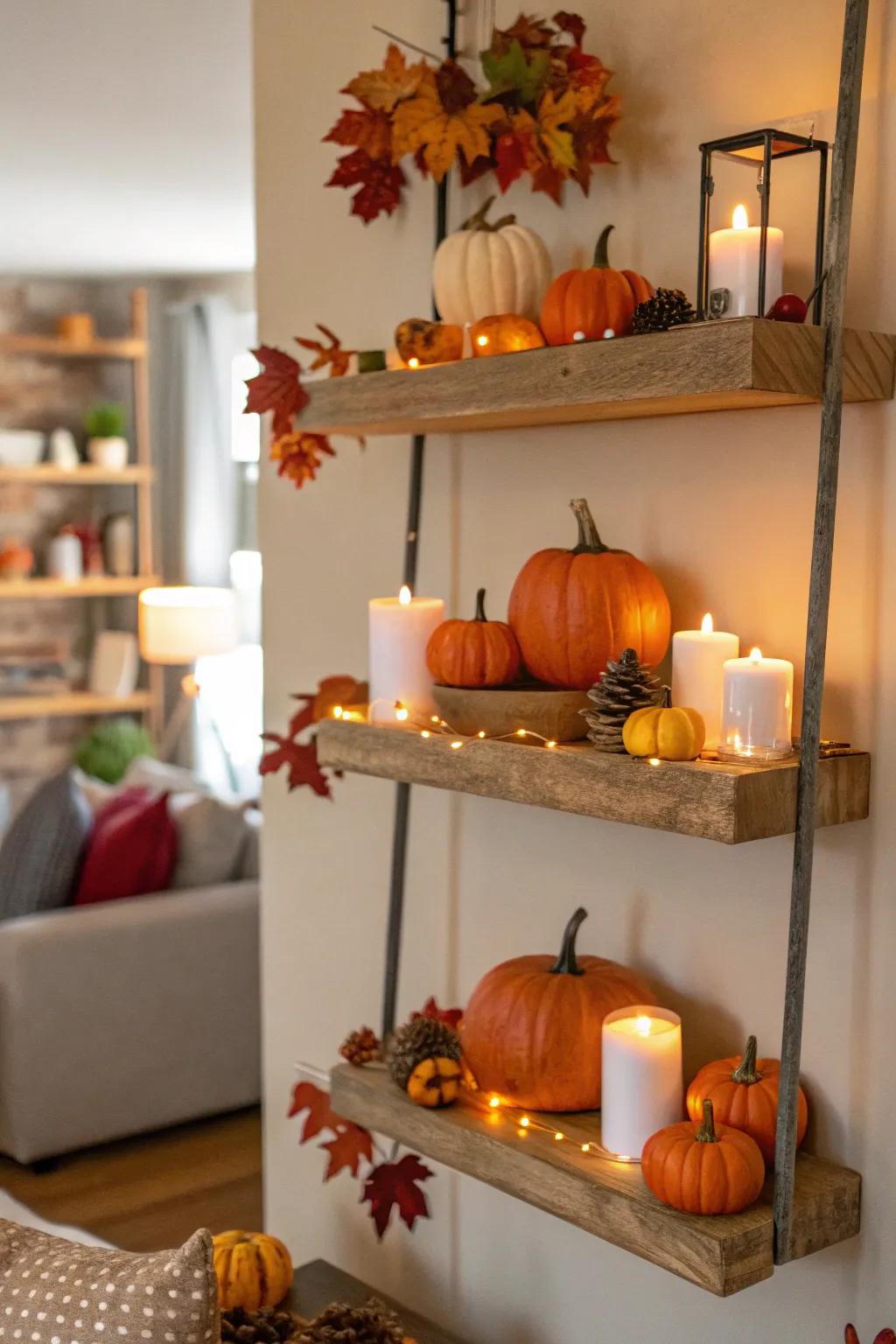 Floating shelves adorned with small pumpkins and fall decor.