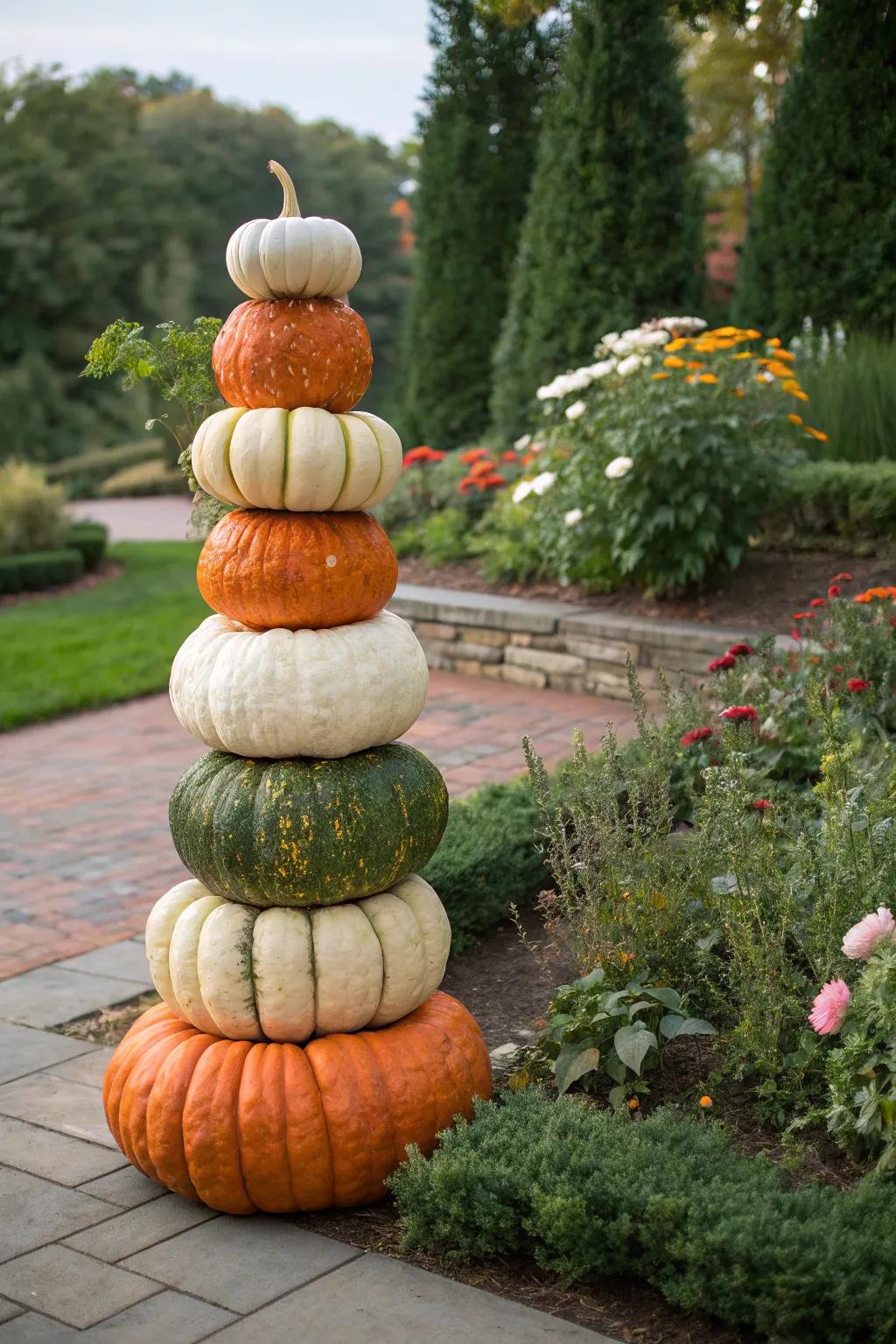 A sophisticated gourd tower in the garden.