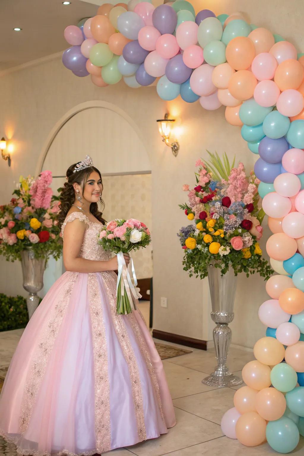 Balloons and florals craft a rich, romantic aesthetic.