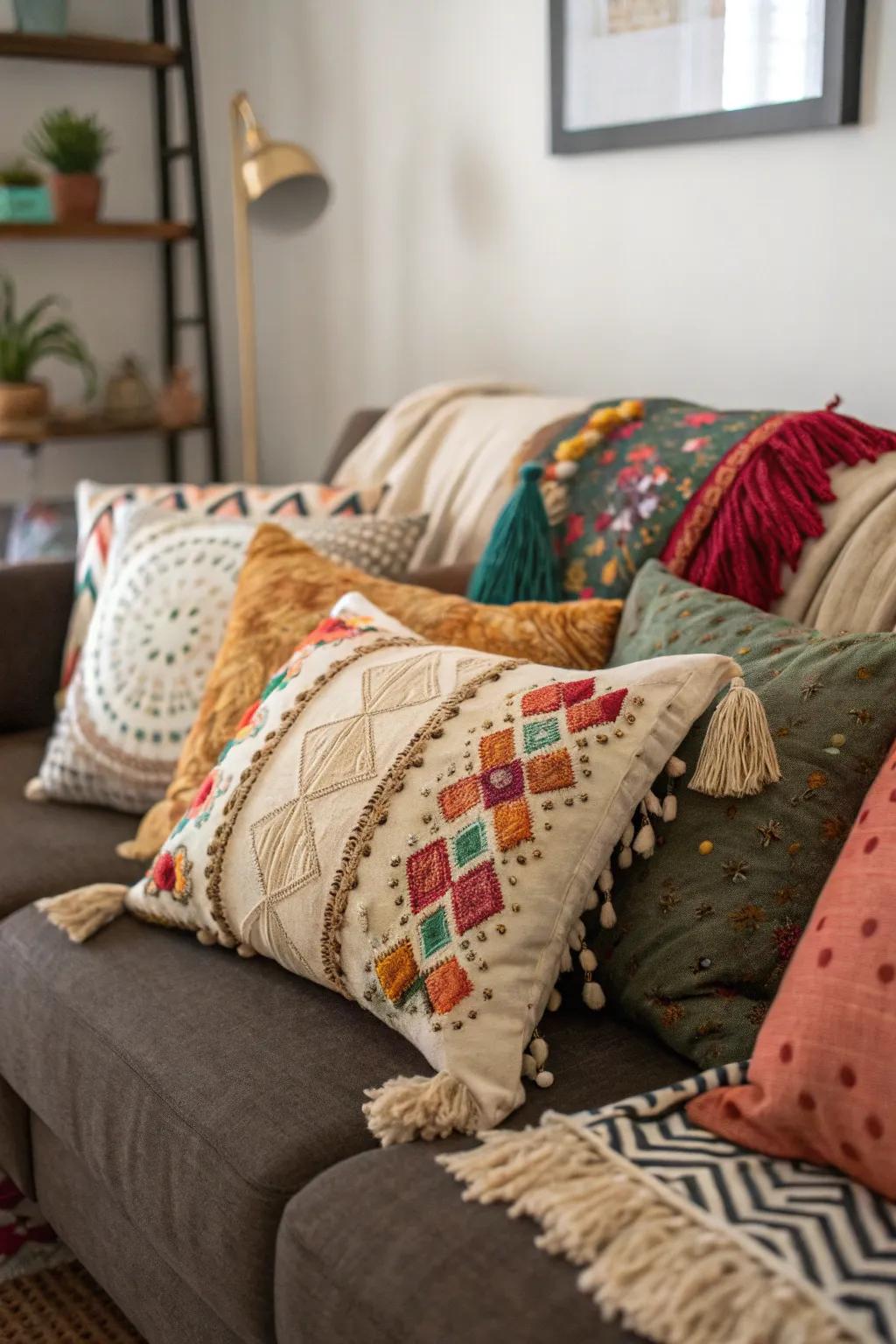 Diverse throw cushions add personality to the couch.