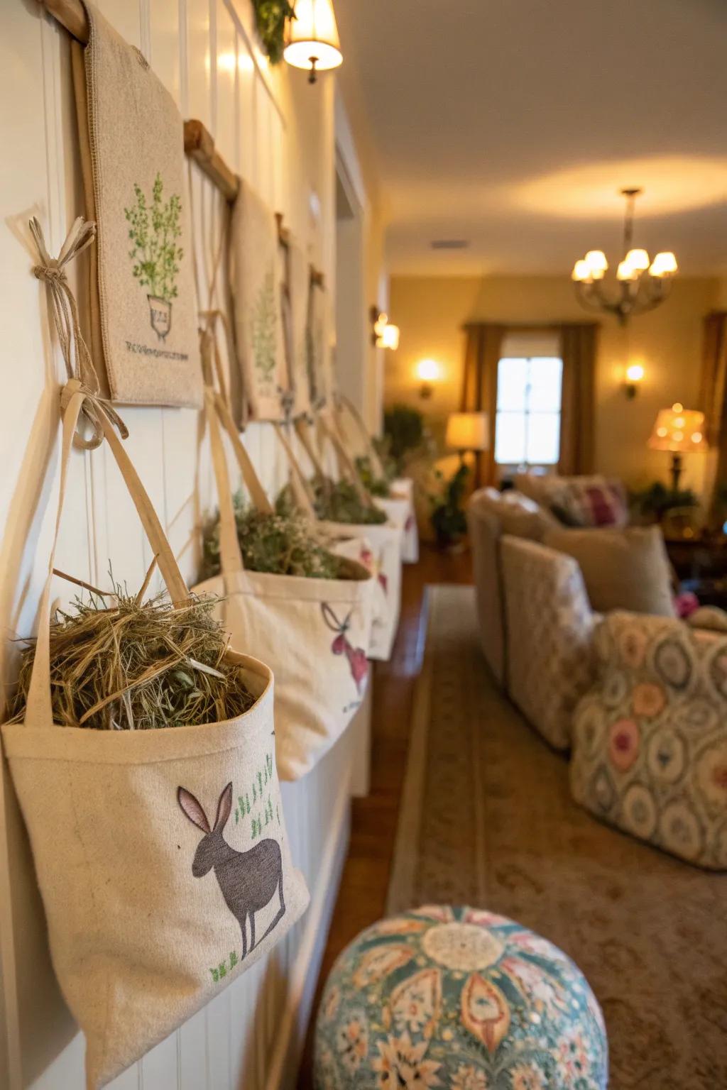 Decorative bags offer a charming way to store hay.
