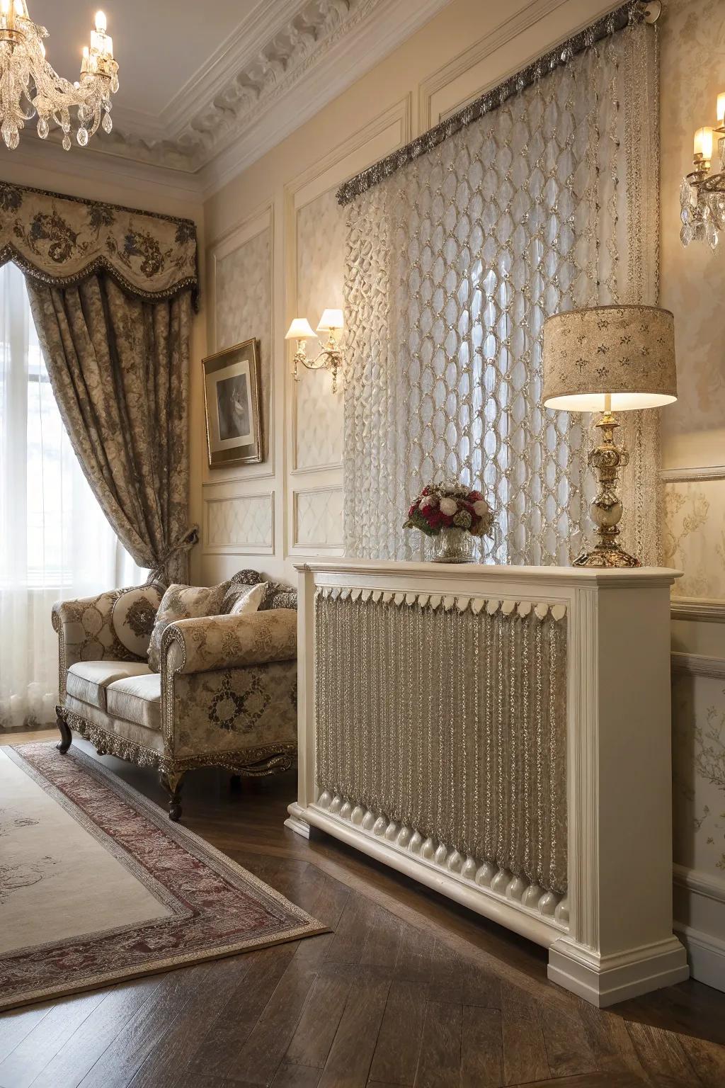 Beaded curtains add a glamorous sparkle to a radiator shield.