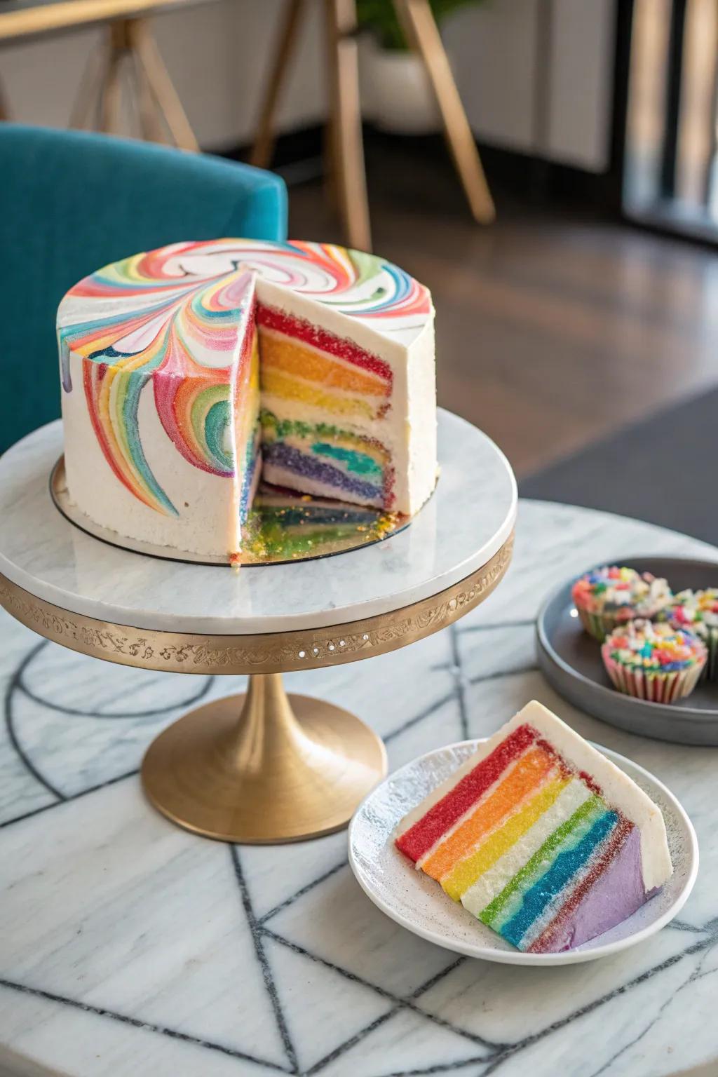 The color spectrum swirl confection is an exquisite visual delight.