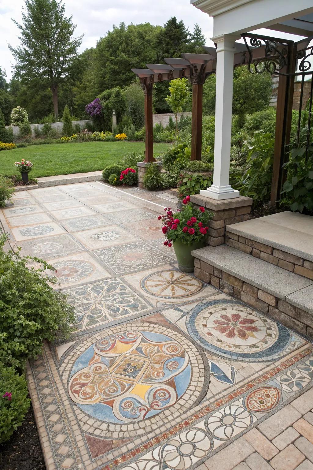 Artistic patterns add a unique flair to patio floors.