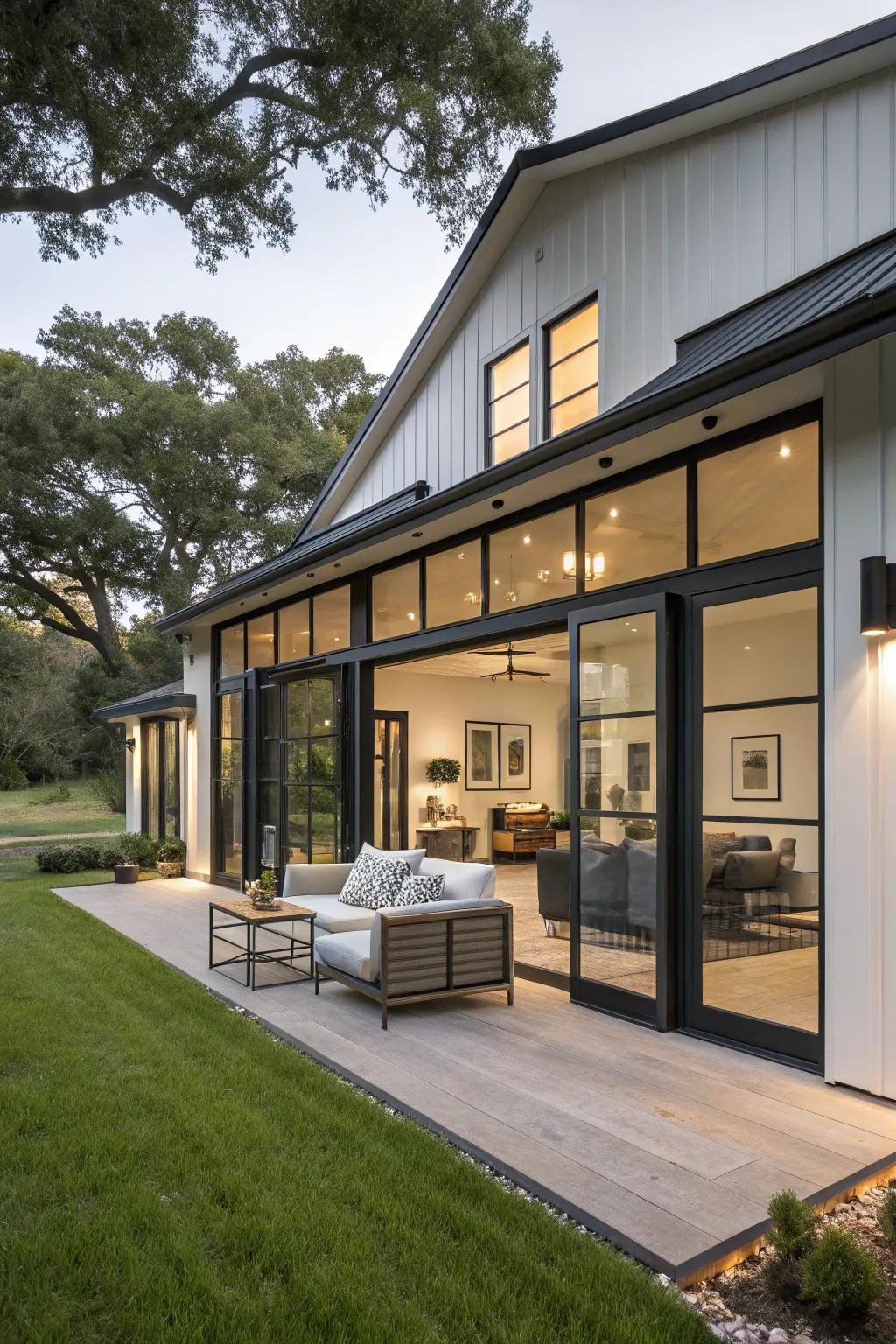 Dark glazing frames lend a modern touch to this stylish ranch house.