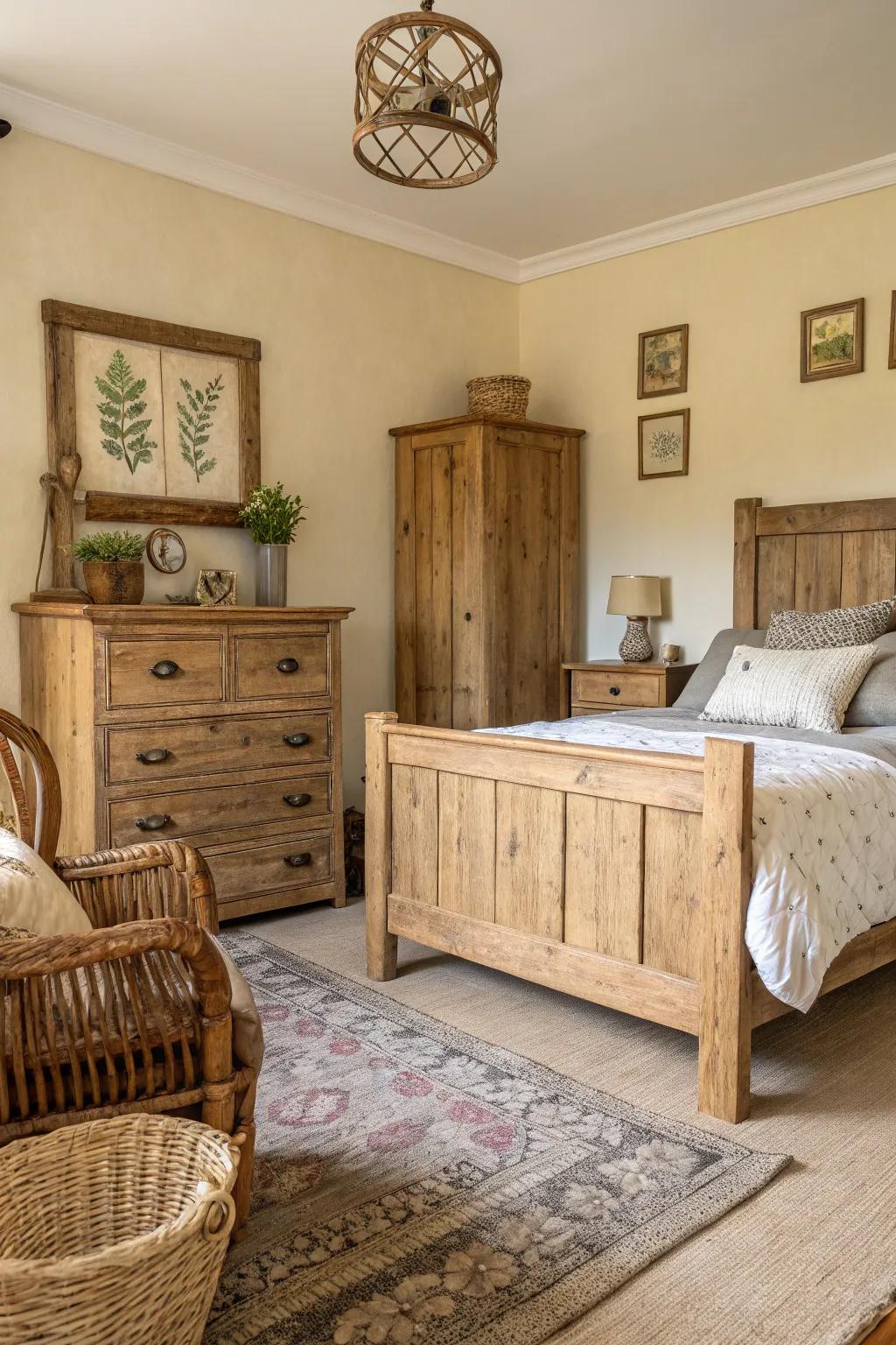 A rustic bedroom featuring repurposed wood pieces.