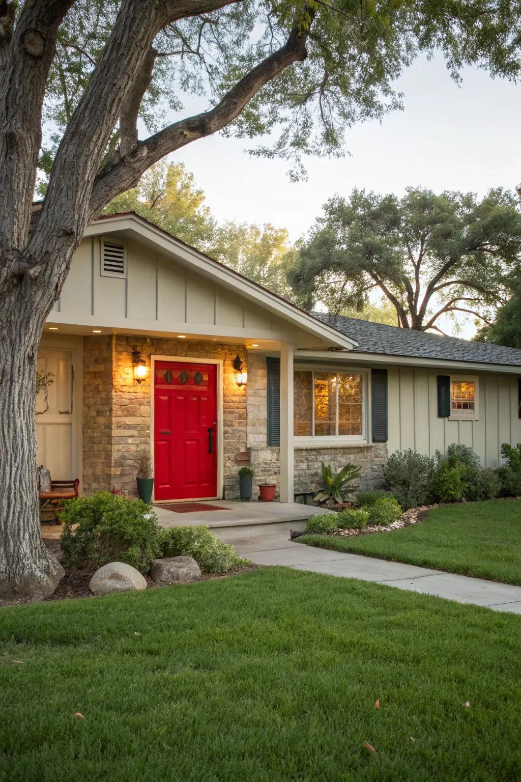 A red portal makes a bold, welcoming statement.