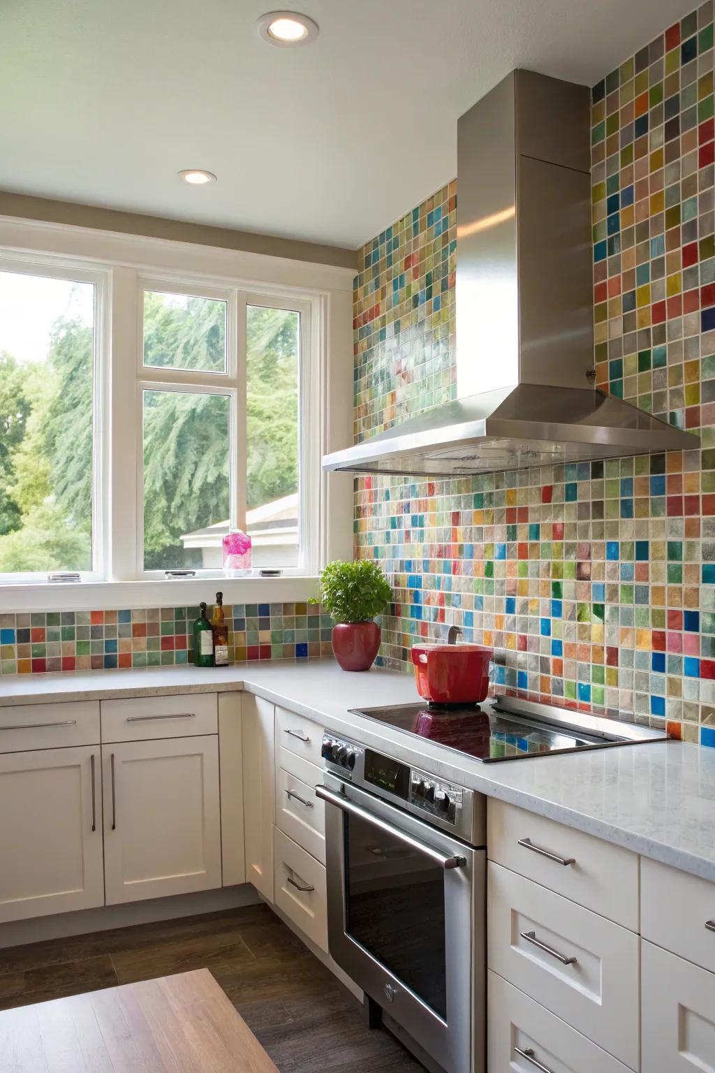 Kitchen featuring a glass mosaic backsplash adding sparkle to a simple range hood.