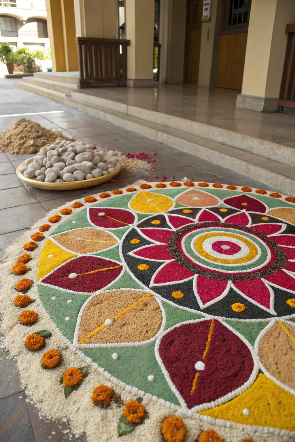 A texture assortment introduces a unique tactile aspect to this rangoli.