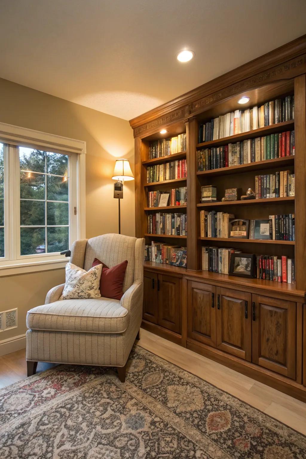 A book lover's dream living room with a small library vibe.