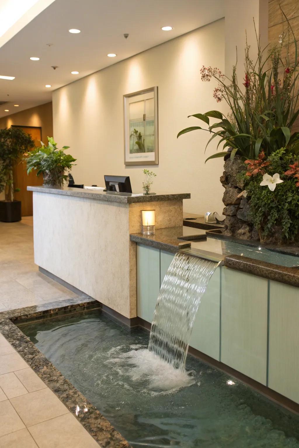 A serene reception space enhanced by a water element.