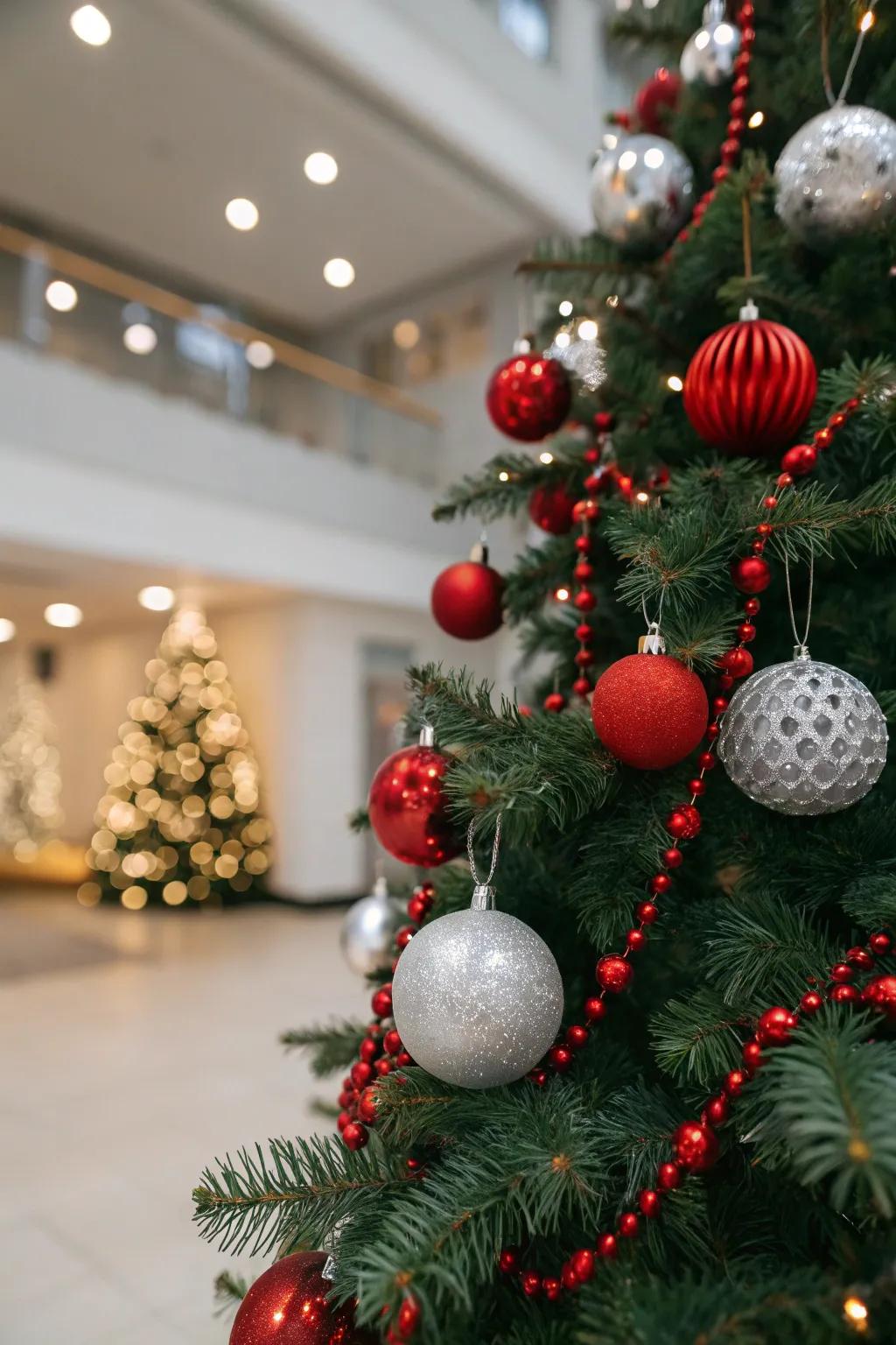 Sleek Christmas tree featuring scarlet and silver decorations