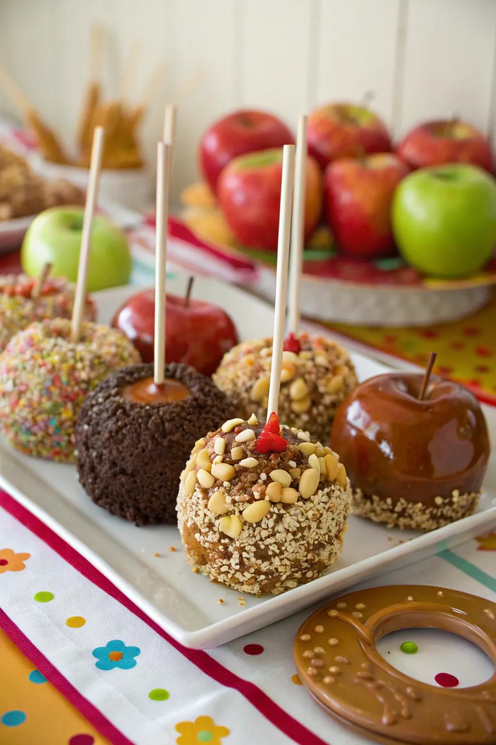 Candy apples with unique toppings offer a fun and nostalgic treat.