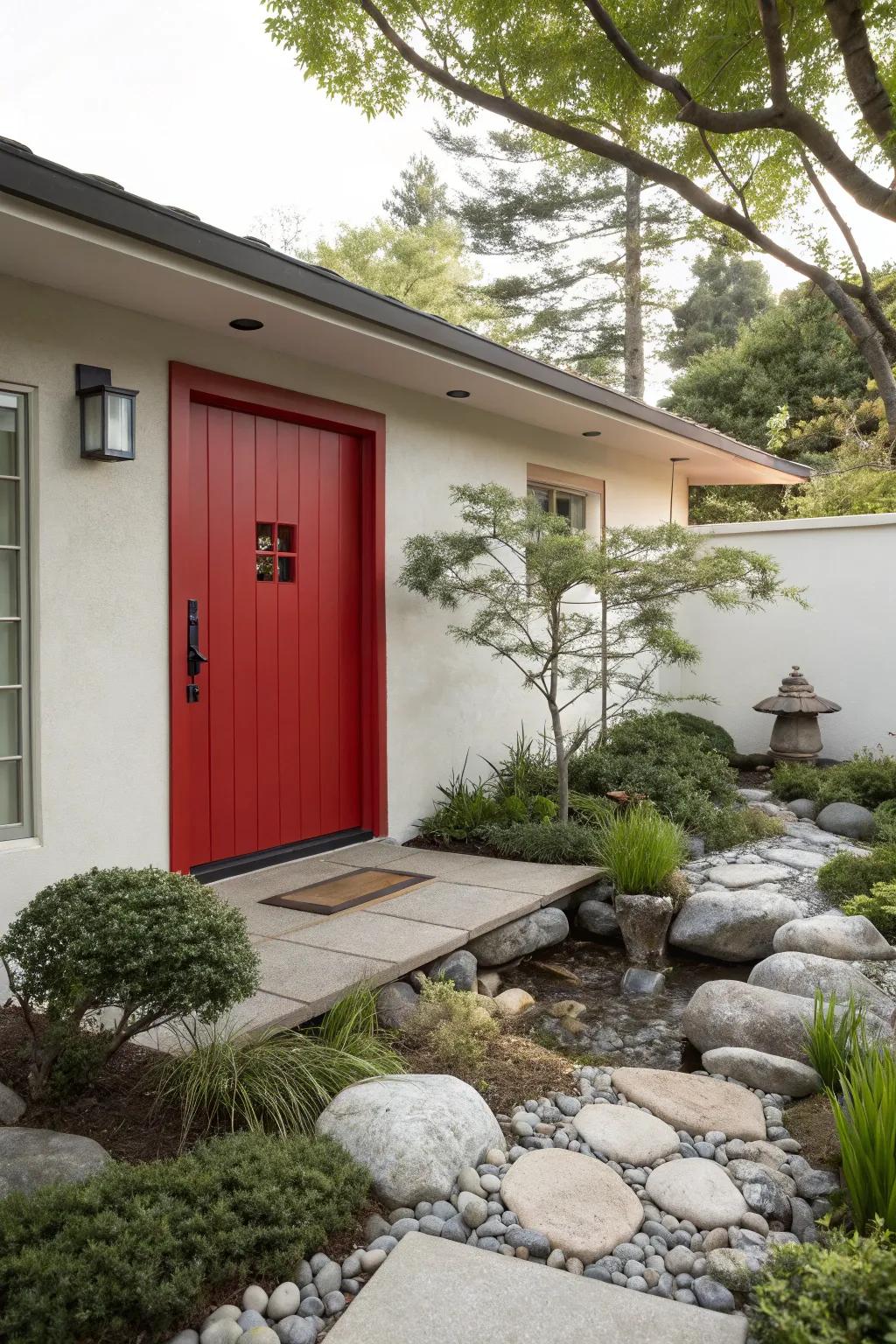 Zen home with a red door, creating a tranquil yet vibrant entry.