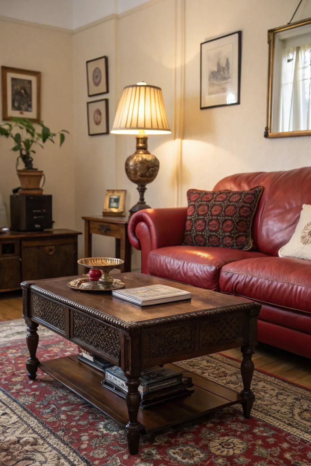 Vintage finds add character and warmth to a contemporary family room with a crimson hide lounge.