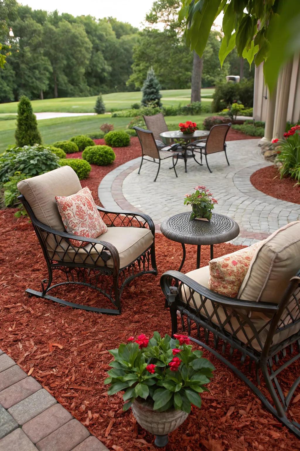 Scarlet ground cover frames seating zones, defining cozy spots for leisure.