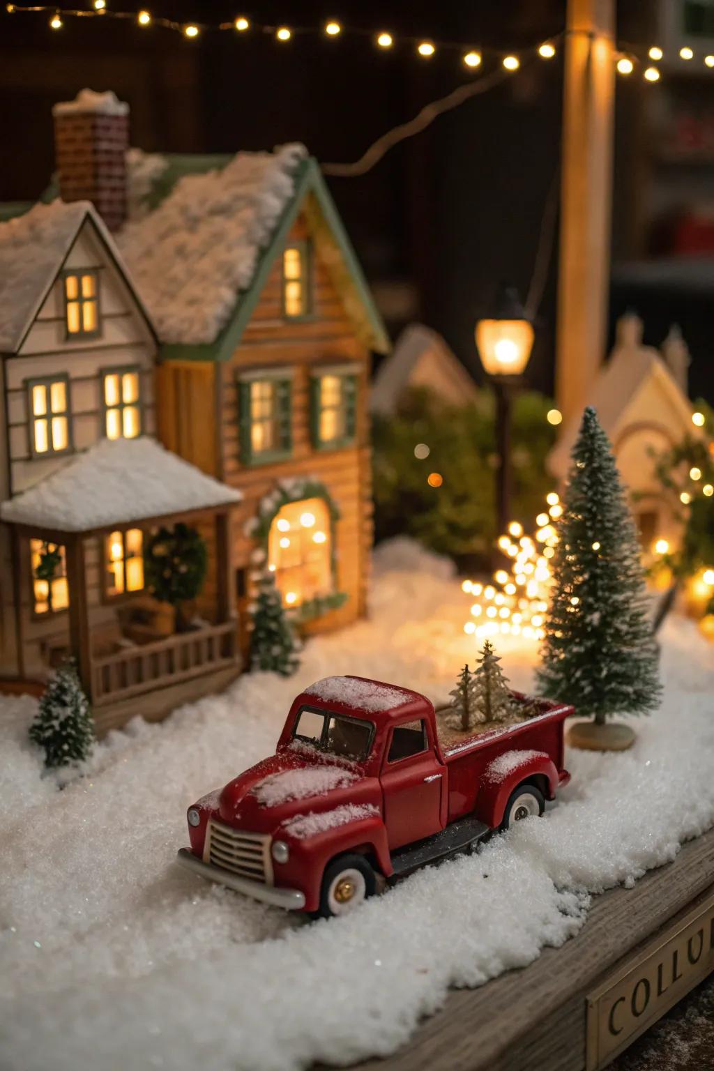 Nostalgic Christmas village featuring a red truck.