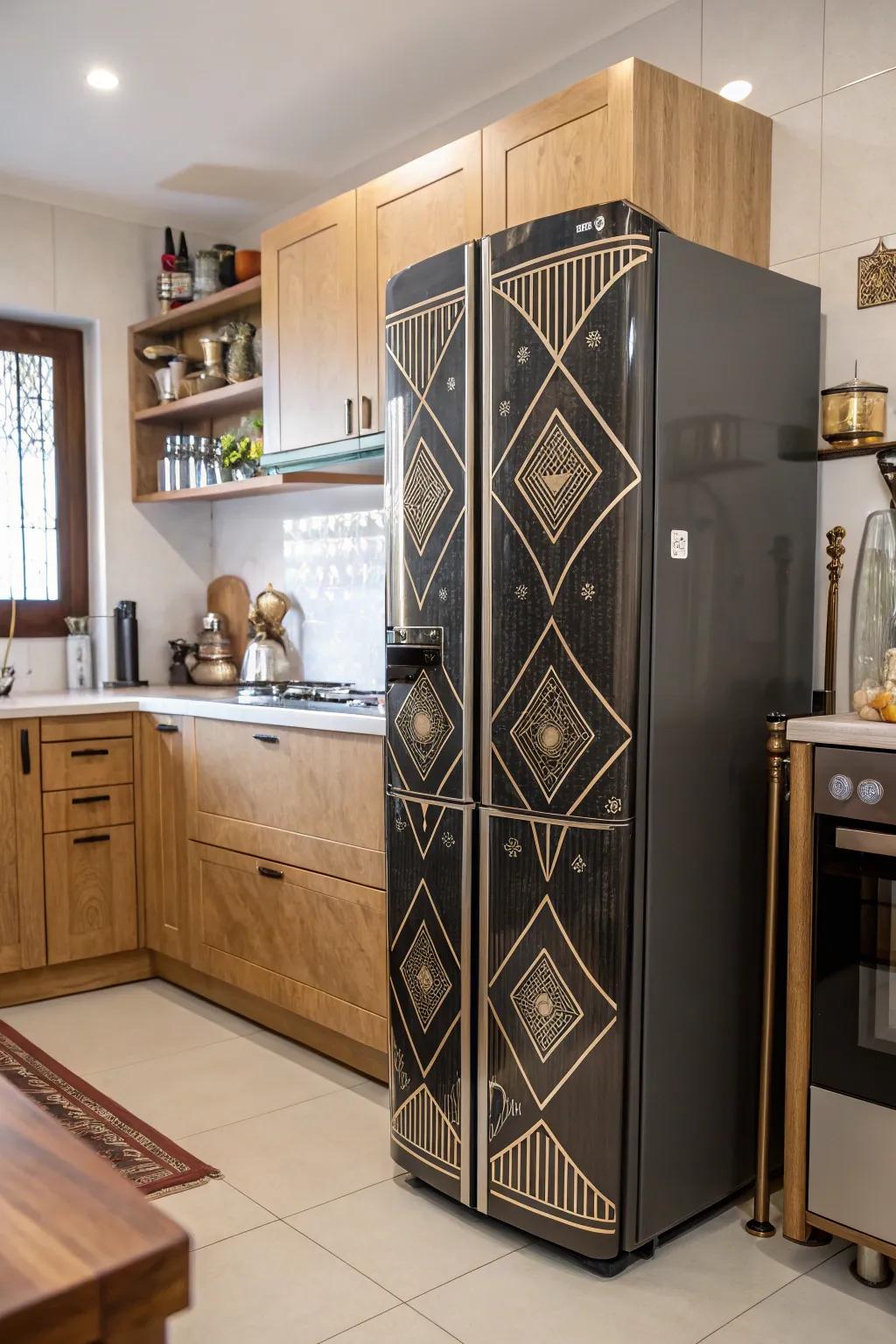 A kitchen showcasing an Art Deco-inspired refrigerator featuring geometric design elements.