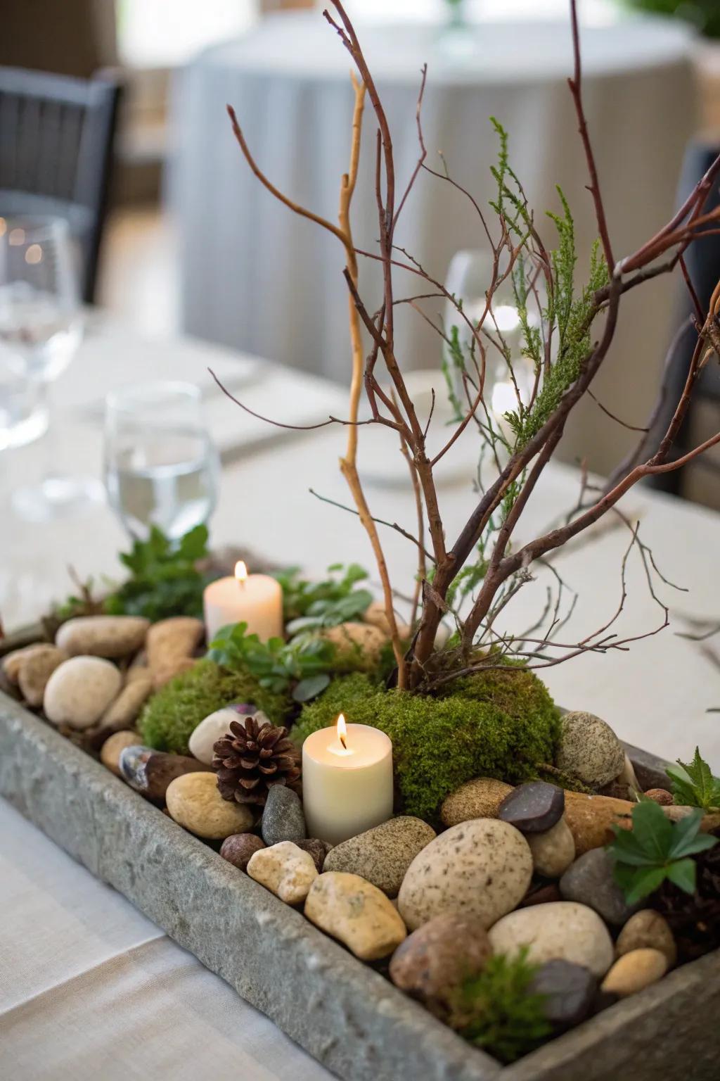 An earthy centerpiece with natural elements.