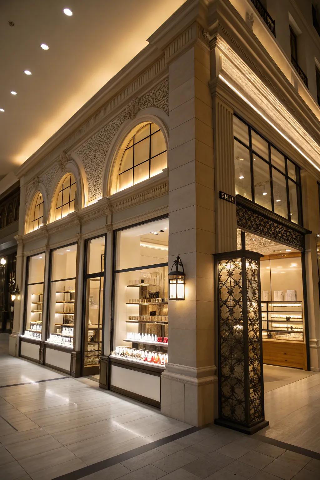 Uplighting highlighting the architectural elements.