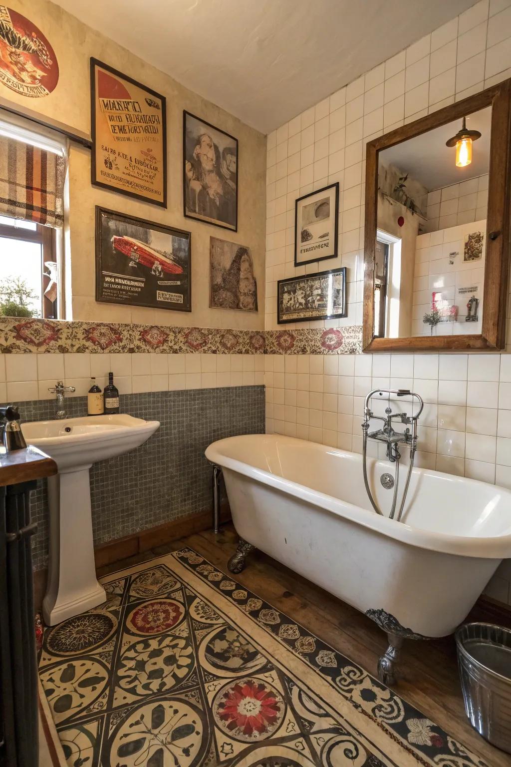 Retro artistic elements infuse personality and charm into your bathroom decor.