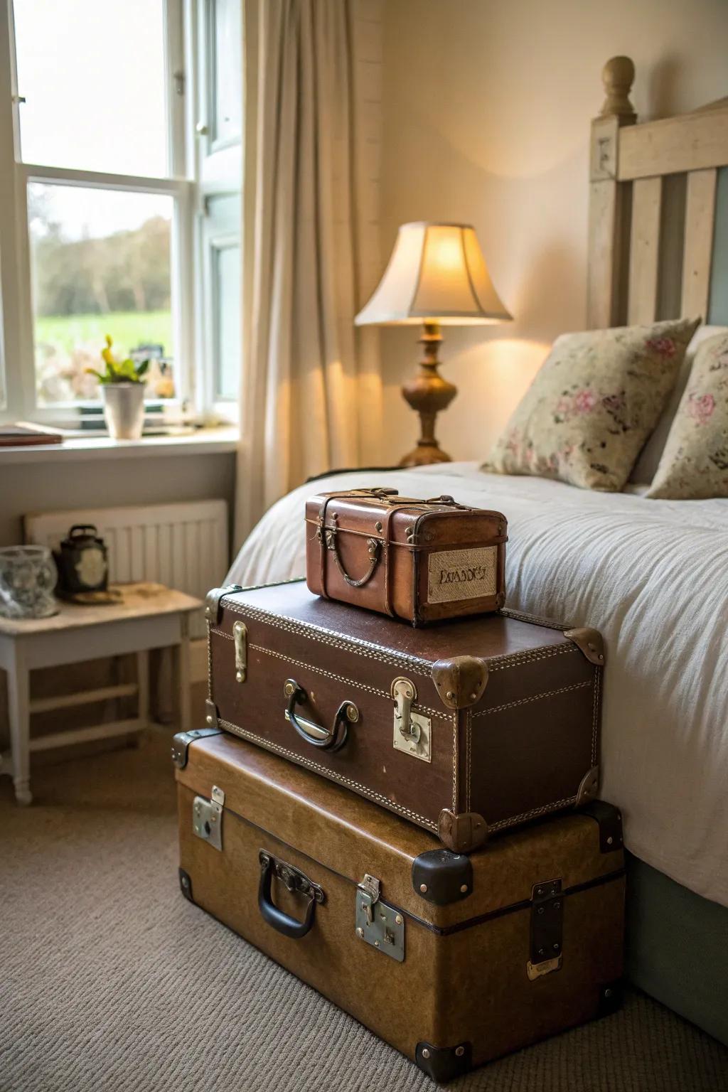 Upcycled suitcases add style and storage.
