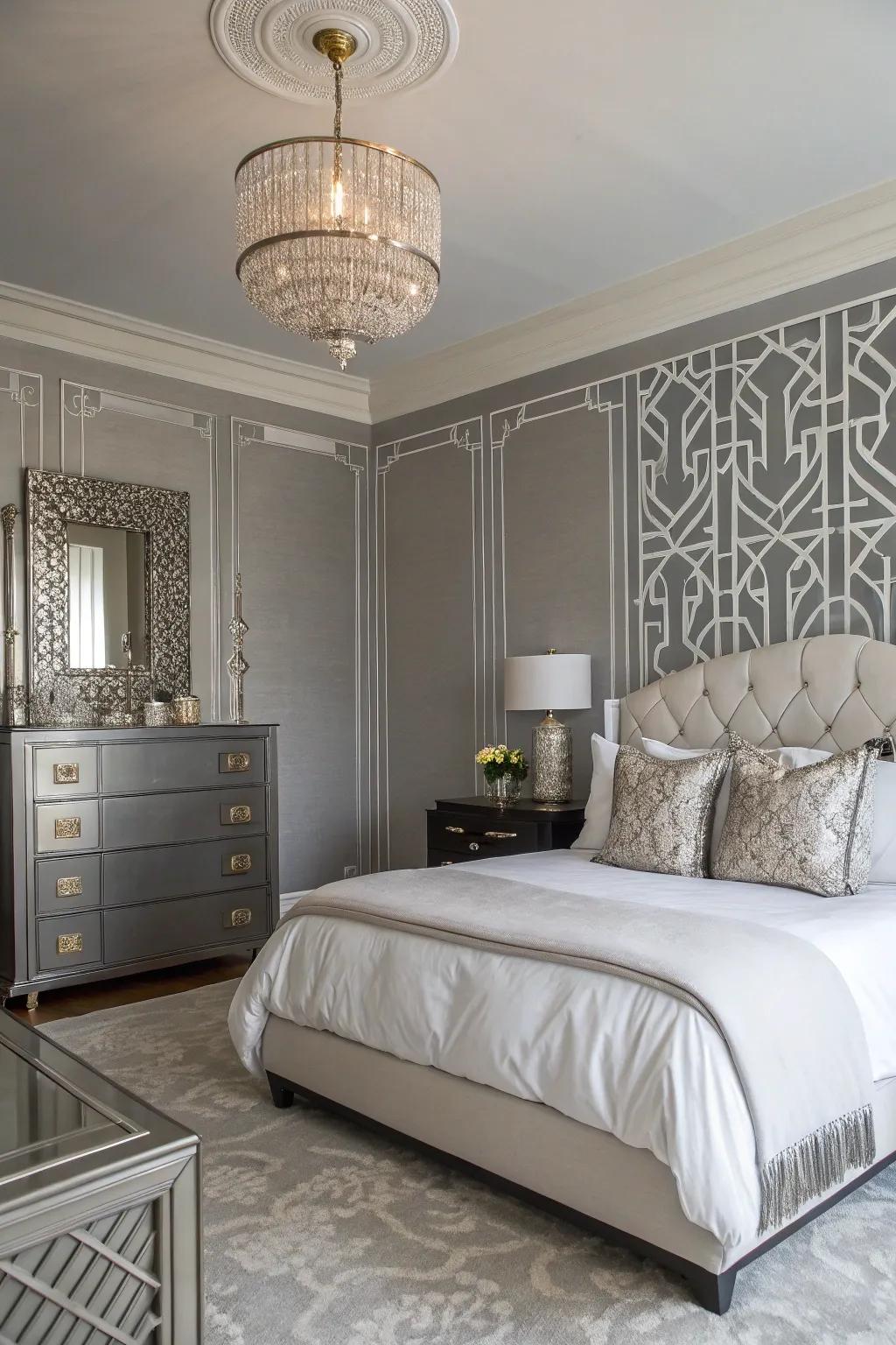 Art Deco inspirations add glamour to a Gentle Gray bedroom.