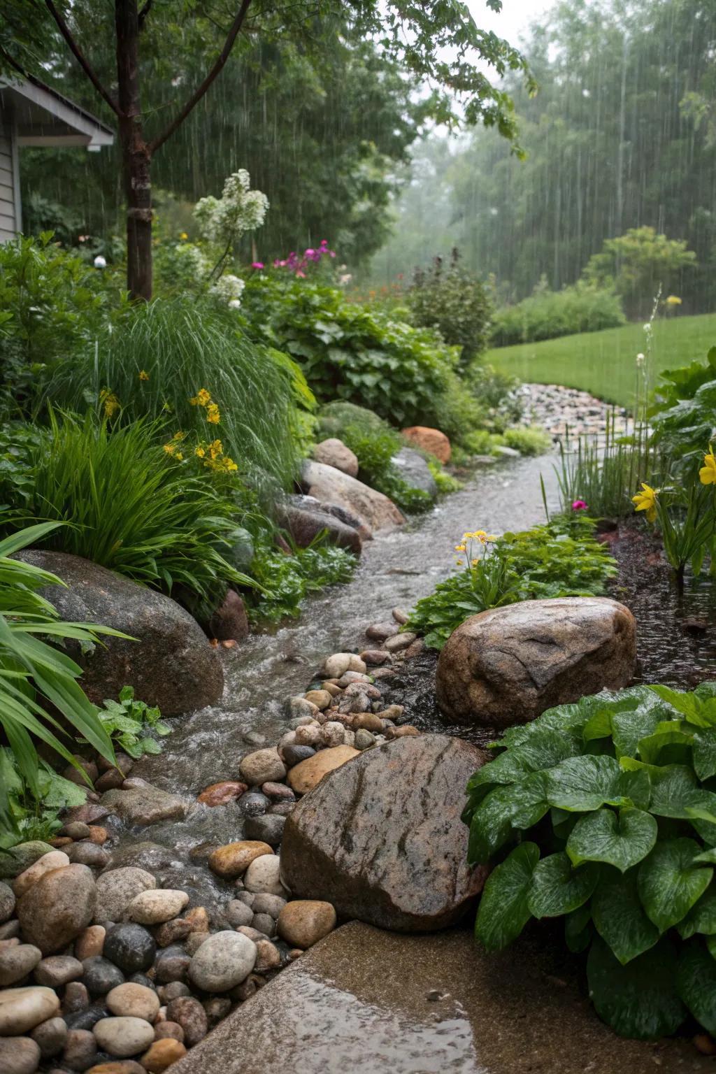 Blend sustainability and style with a smooth pebble rain space.