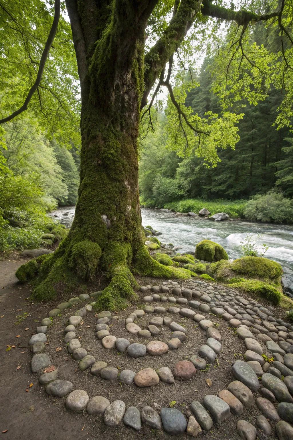 River rocks accentuate and protect the base of this tree, adding elegance to the landscape.