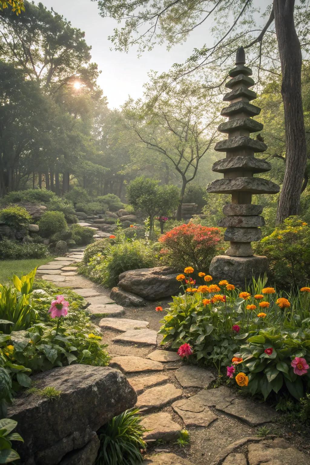 Make a statement using piled stone features.