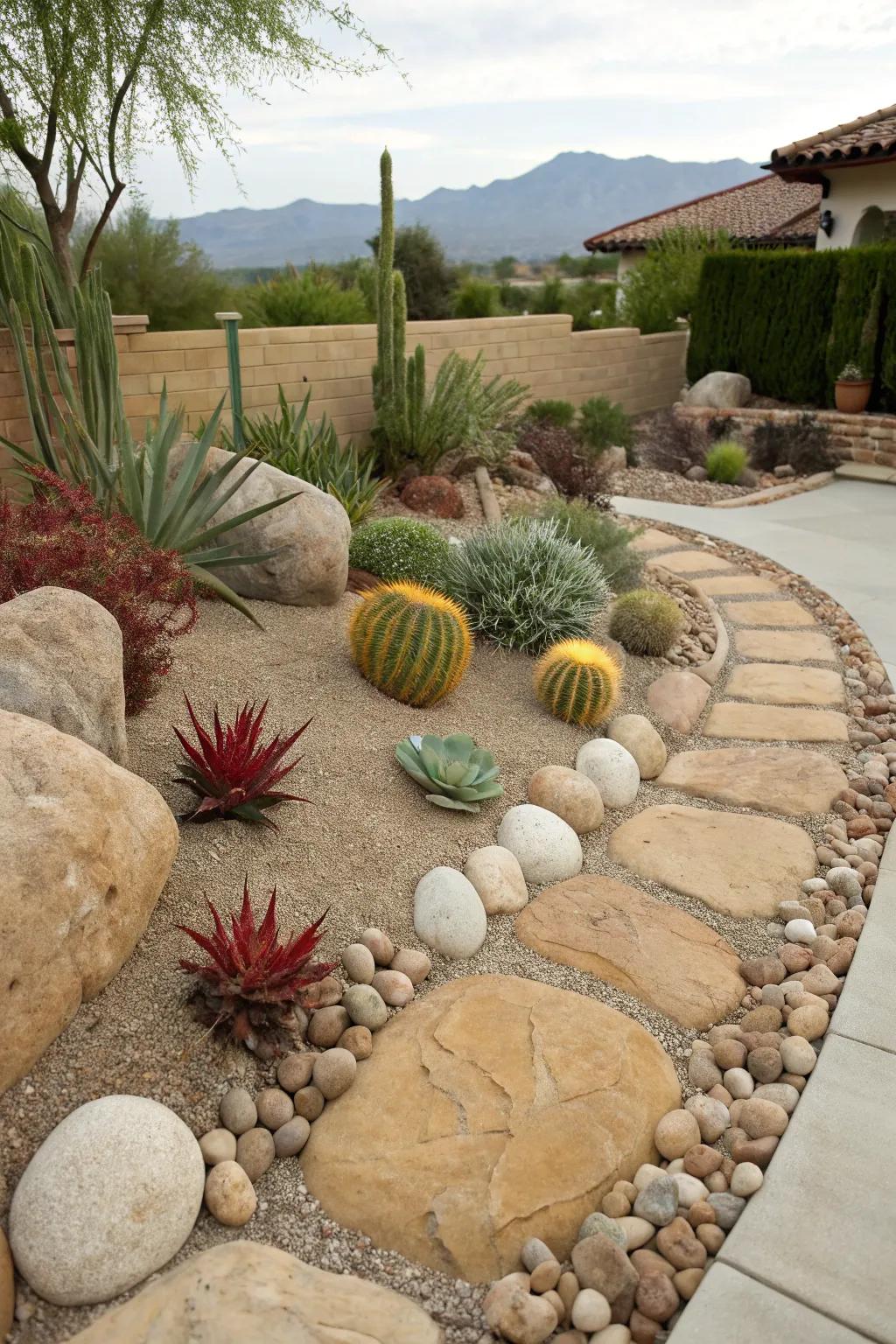 Desert-inspired stone edging matched with succulents for a low-maintenance garden.