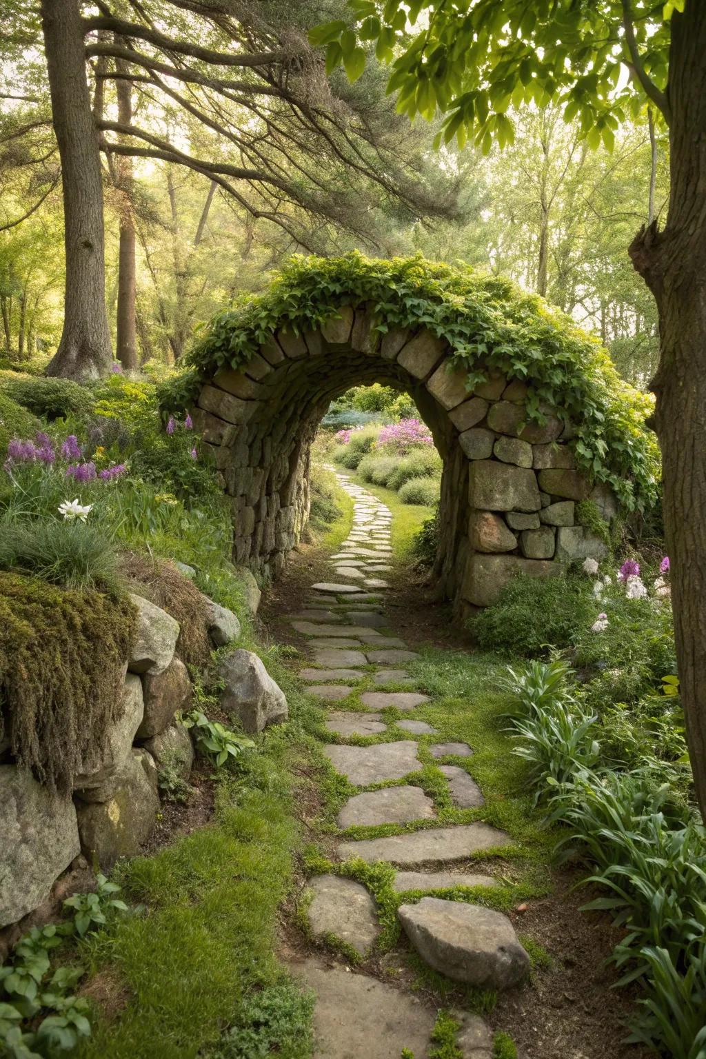 Stone tunnels inspire adventure and discovery in the garden.