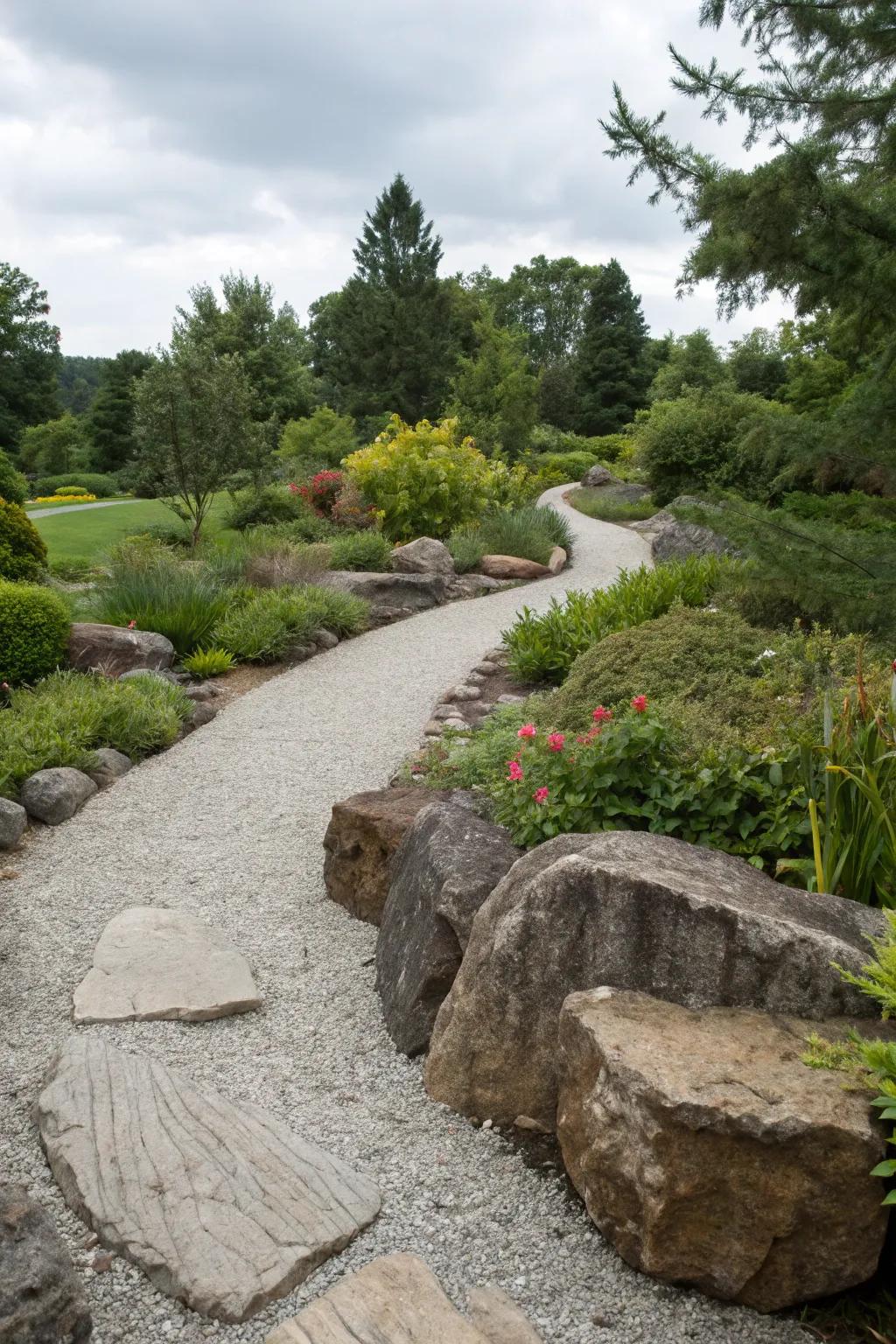 Gravel and substantial stones fashion a textured, dynamic trail.