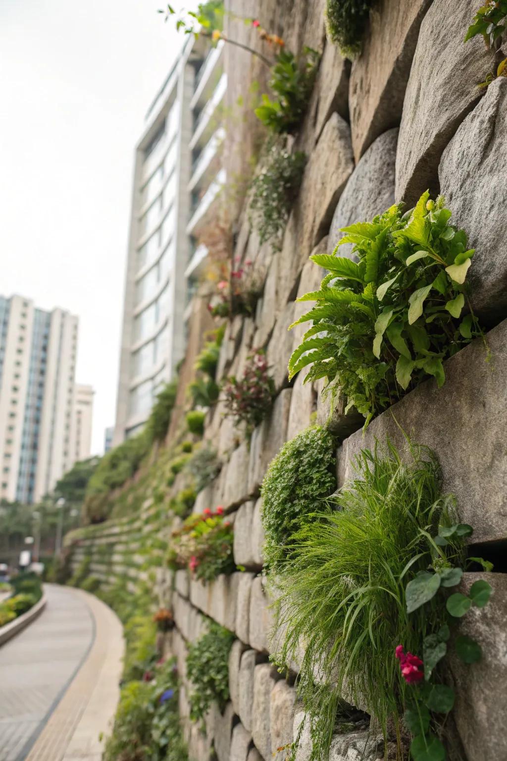 Vertical greenery animates stone walls with opulent verdure.